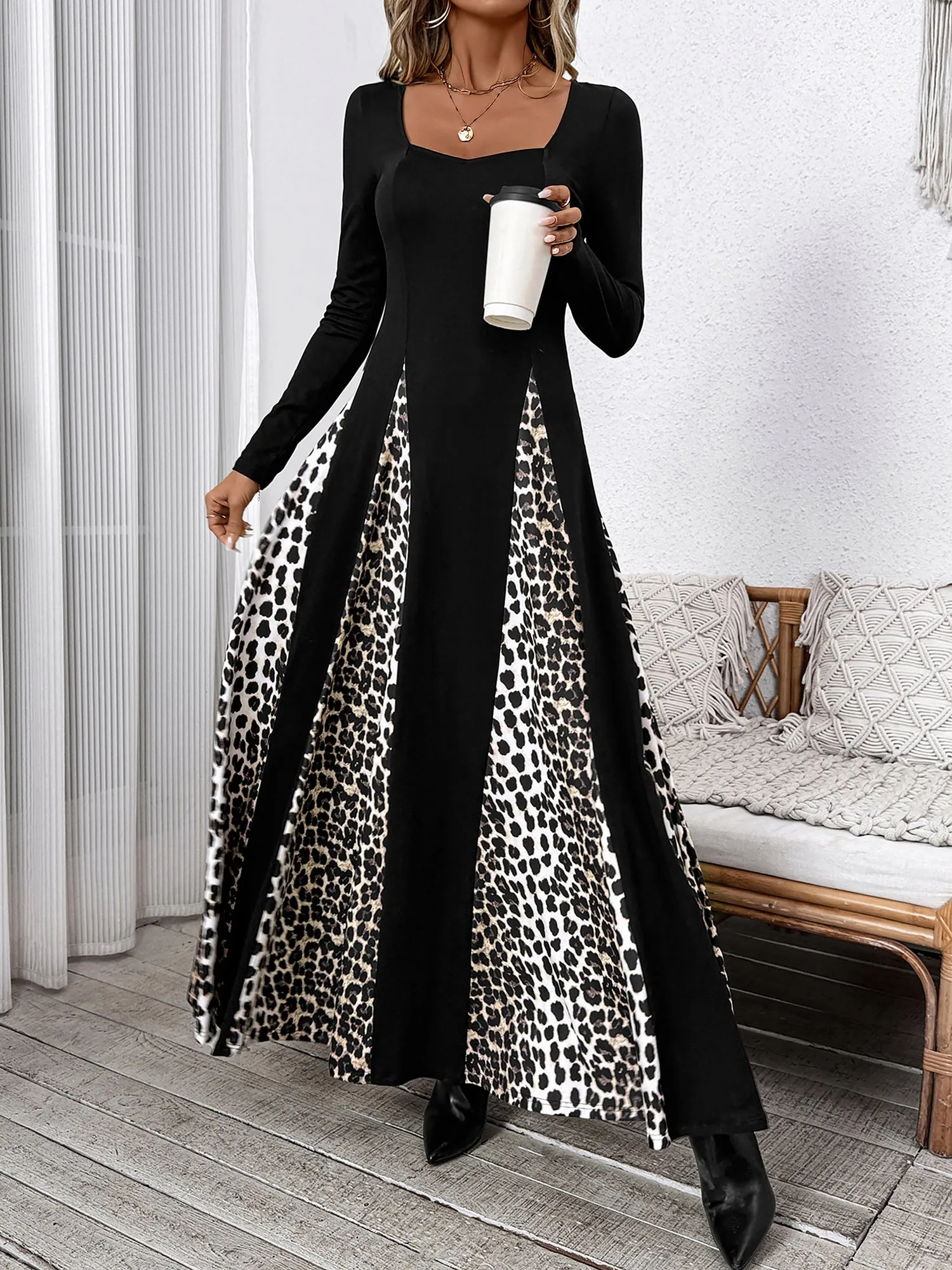 Leopard Patchwork Long Sleeves A-Line Maxi Dress sold by Allegra K product image thumbnail 4