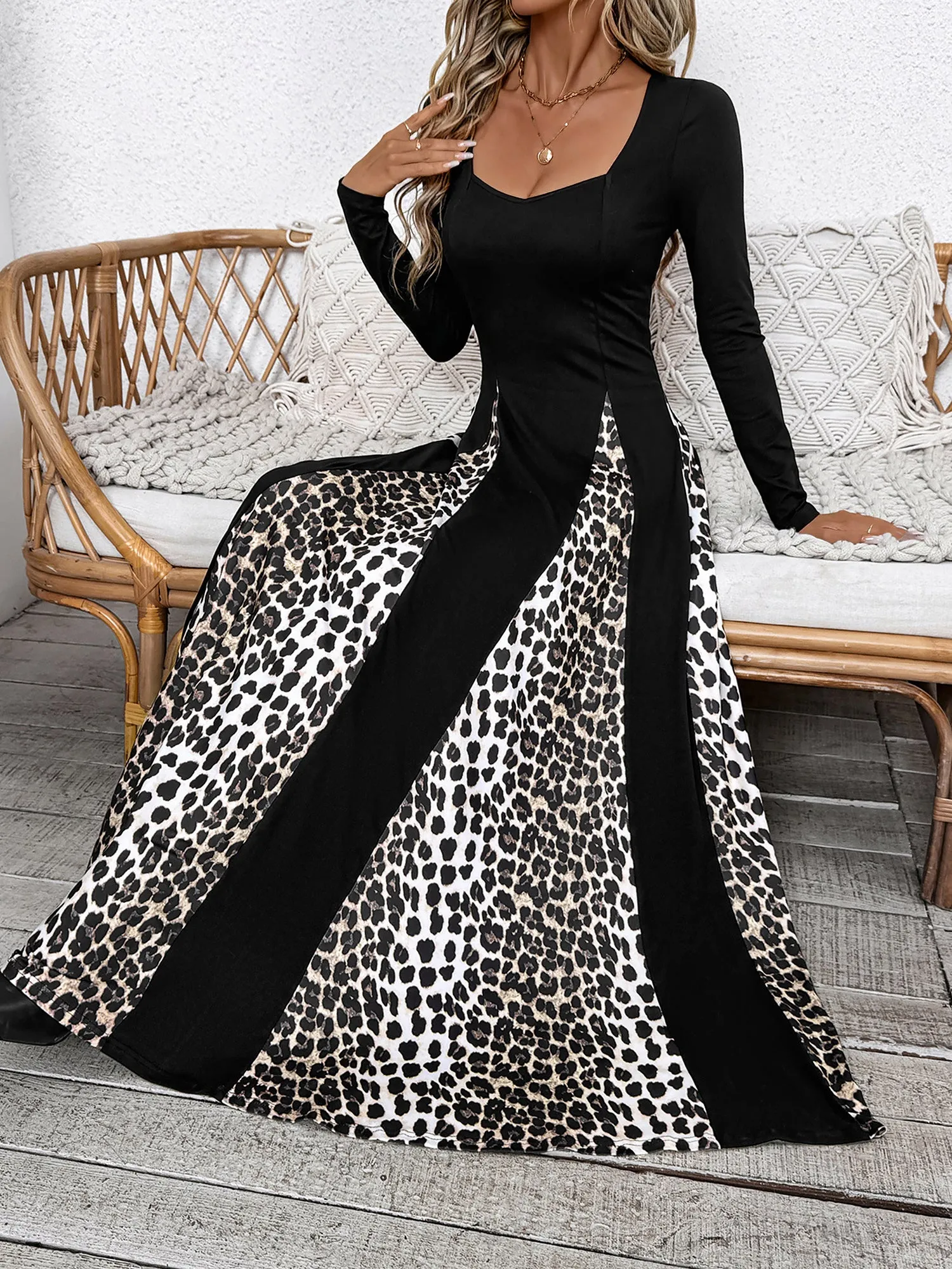 Leopard Patchwork Long Sleeves A-Line Maxi Dress sold by Allegra K product image thumbnail 3