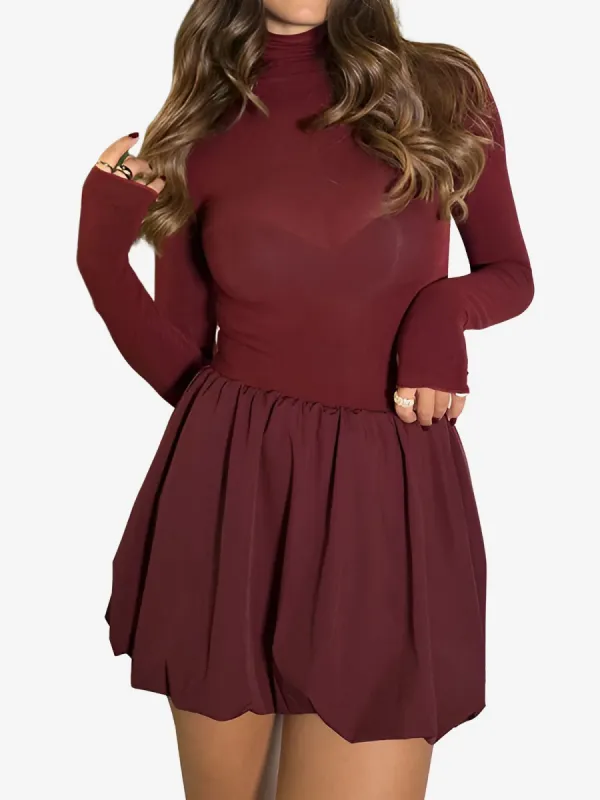 Mock Neck Long Sleeves Bubble Hem Mini Dress sold by Allegra K