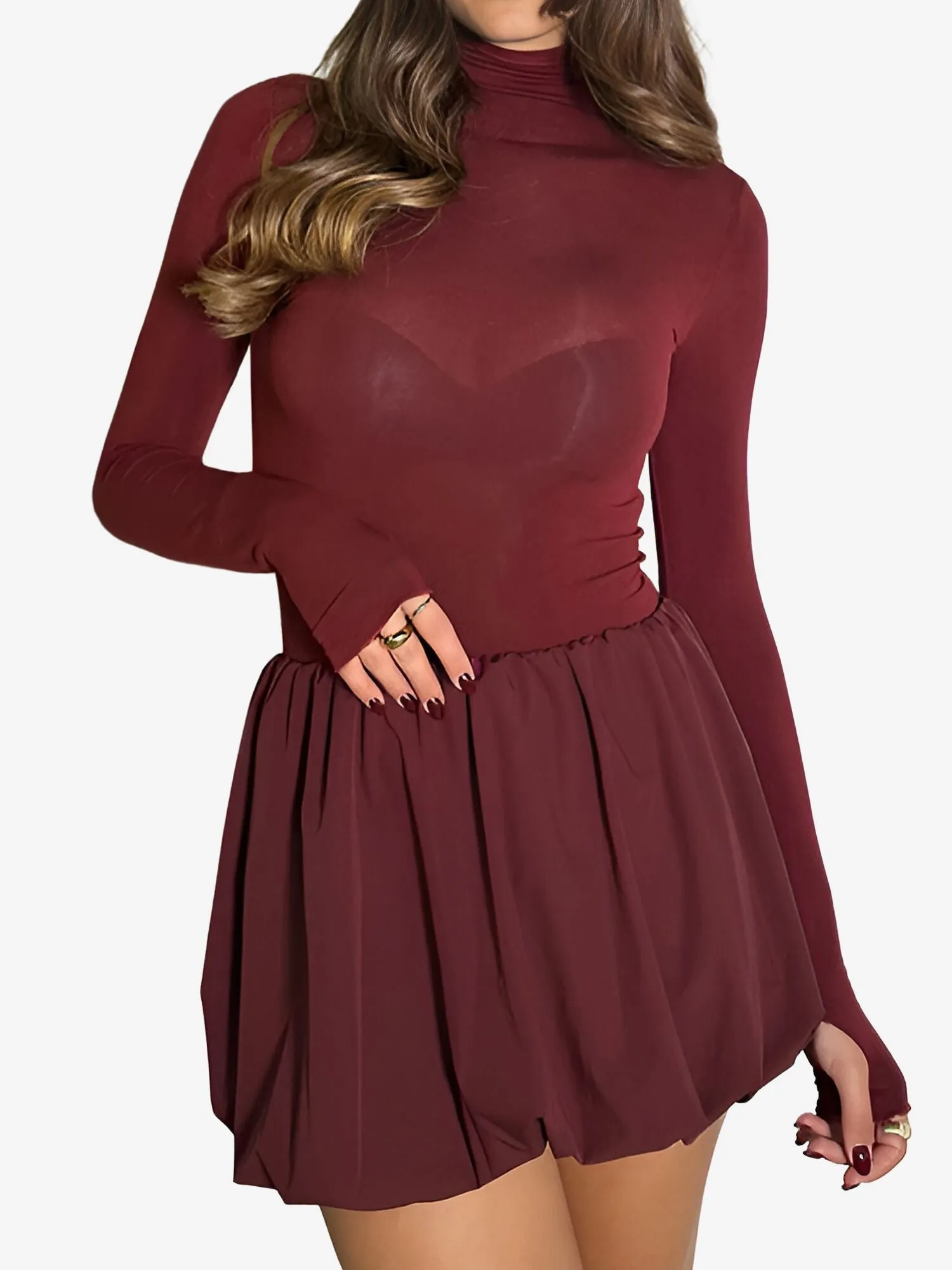 Mock Neck Long Sleeves Bubble Hem Mini Dress sold by Allegra K product image thumbnail 3
