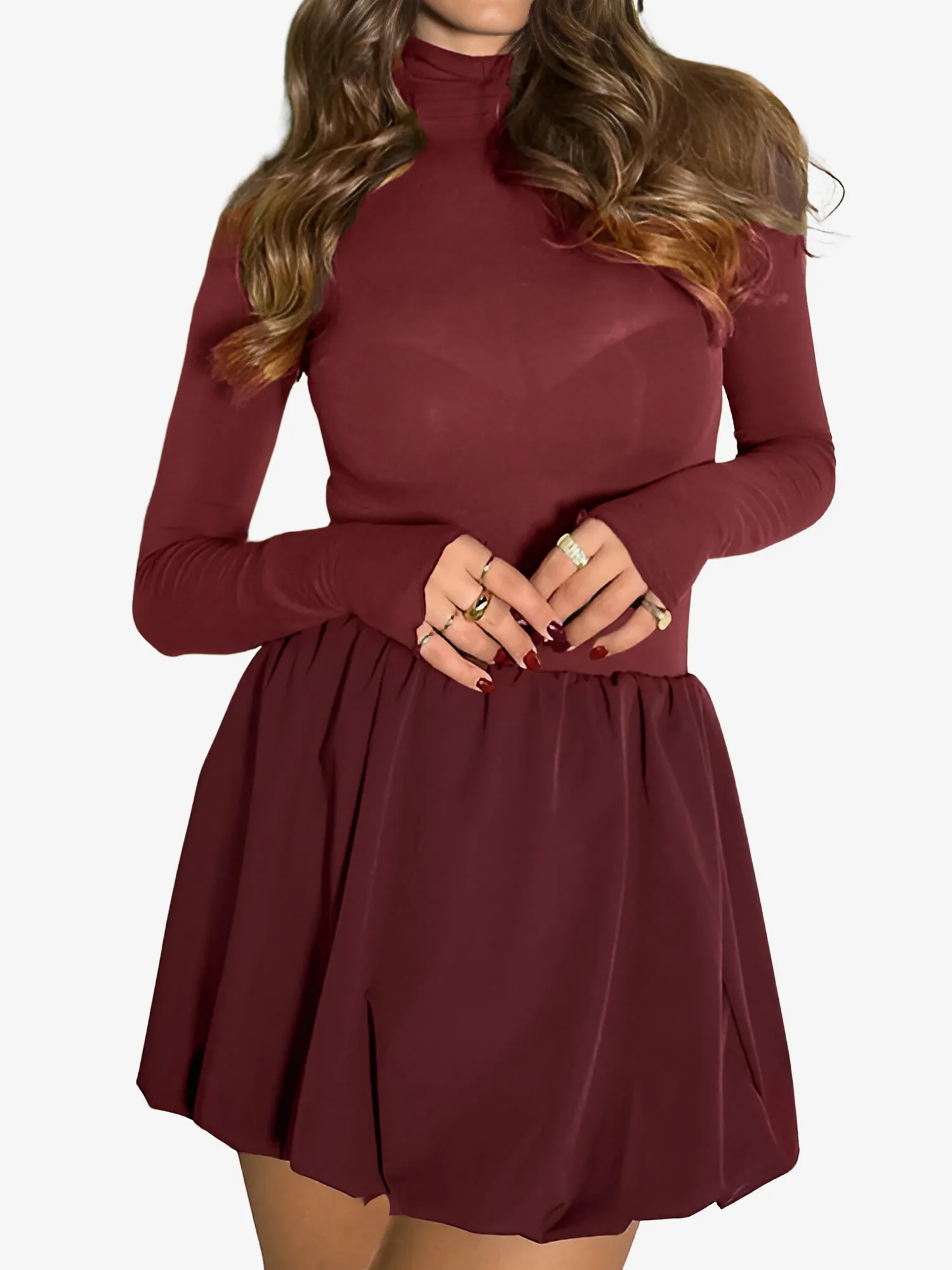 Mock Neck Long Sleeves Bubble Hem Mini Dress sold by Allegra K product image thumbnail 2