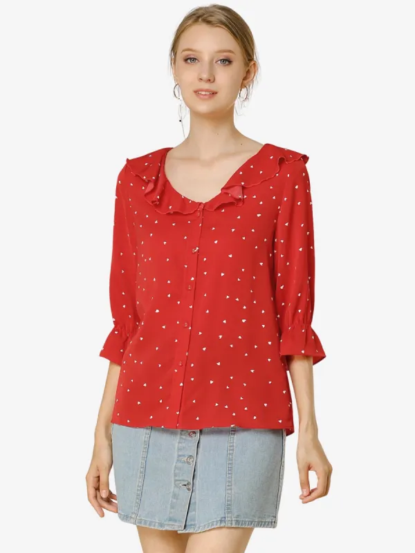 Button Down Shirt Ruffled Collar Elbow Sleeve Heart Print Blouse sold by Allegra K
