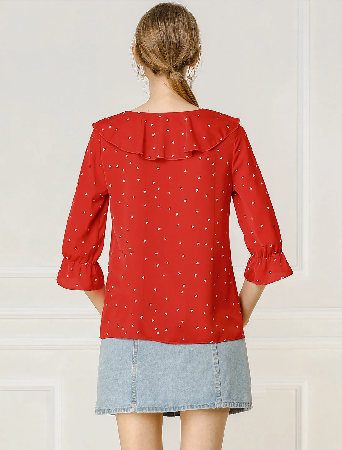 Button Down Shirt Ruffled Collar Elbow Sleeve Heart Print Blouse sold by Allegra K product image thumbnail 5