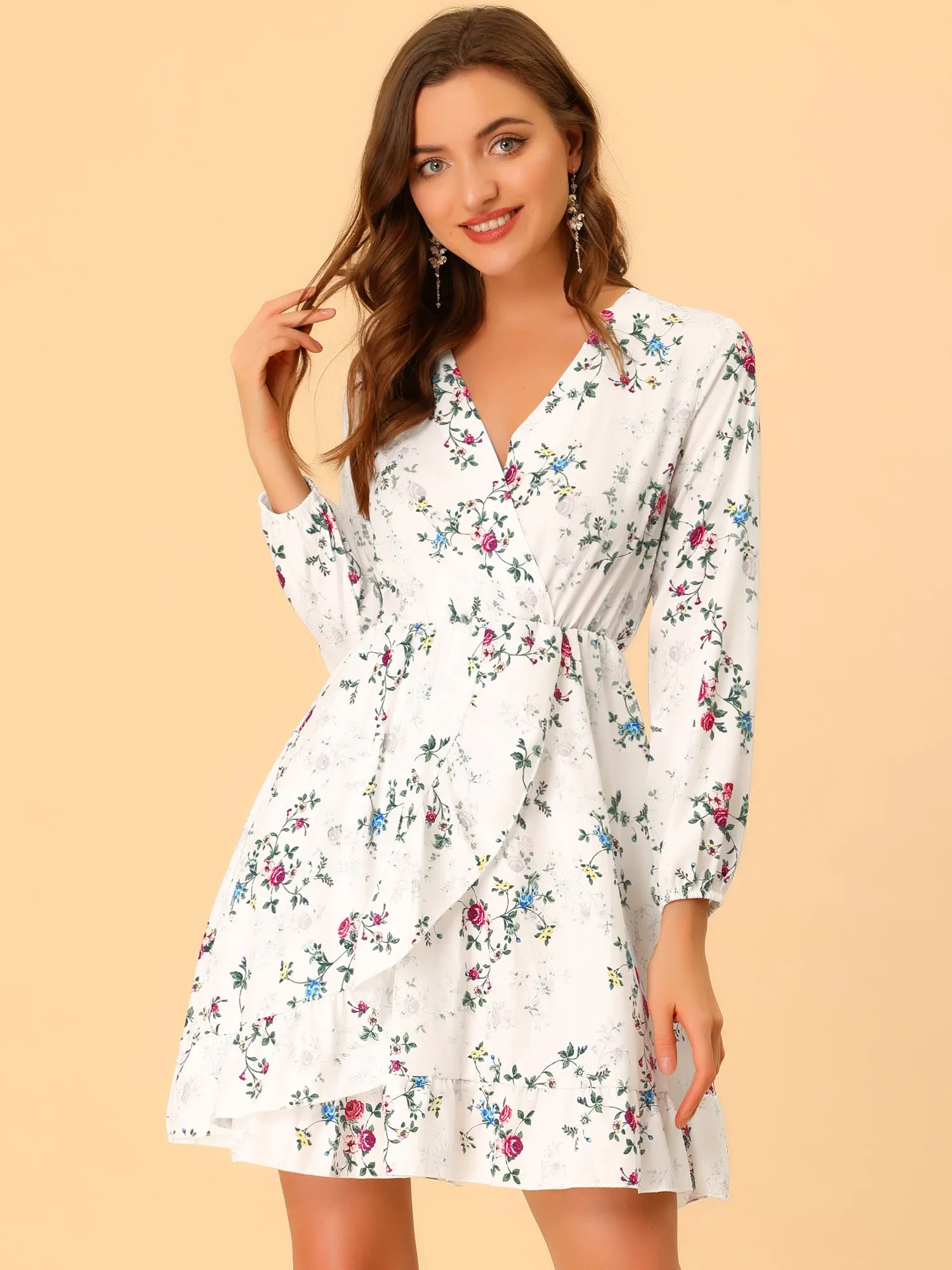 Floral Long Sleeve Belted V Neck Ruffled Hem Dress sold by Allegra K product image thumbnail 4