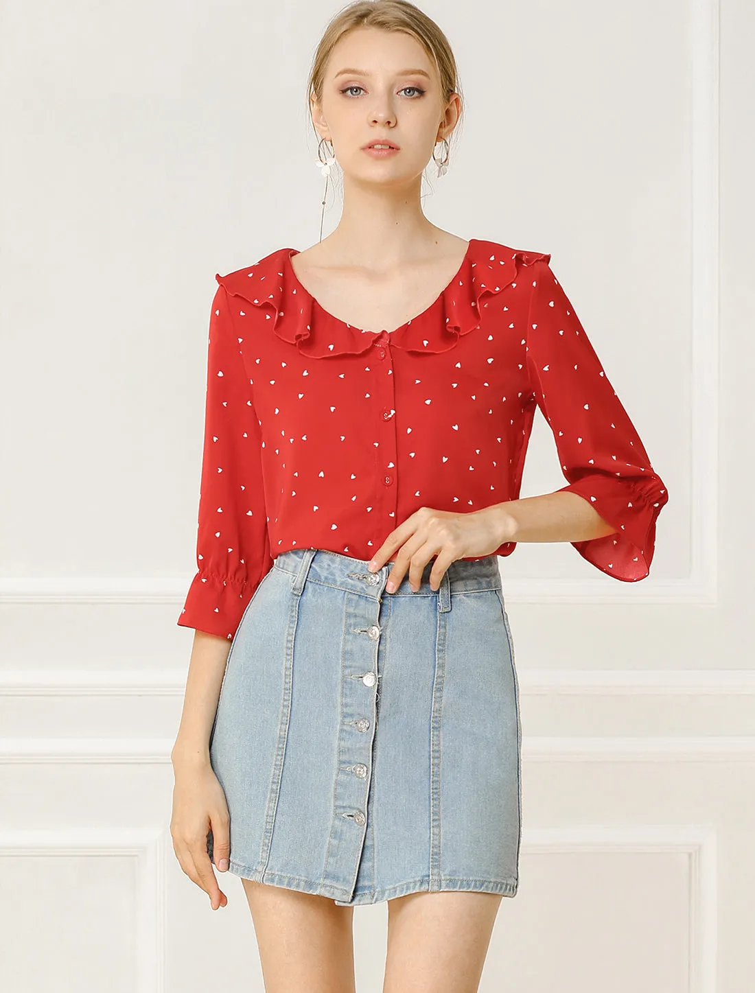 Button Down Shirt Ruffled Collar Elbow Sleeve Heart Print Blouse sold by Allegra K product image thumbnail 3