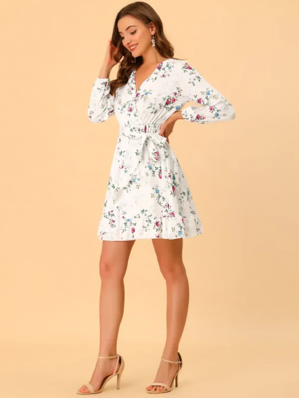 Floral Long Sleeve Belted V Neck Ruffled Hem Dress sold by Allegra K