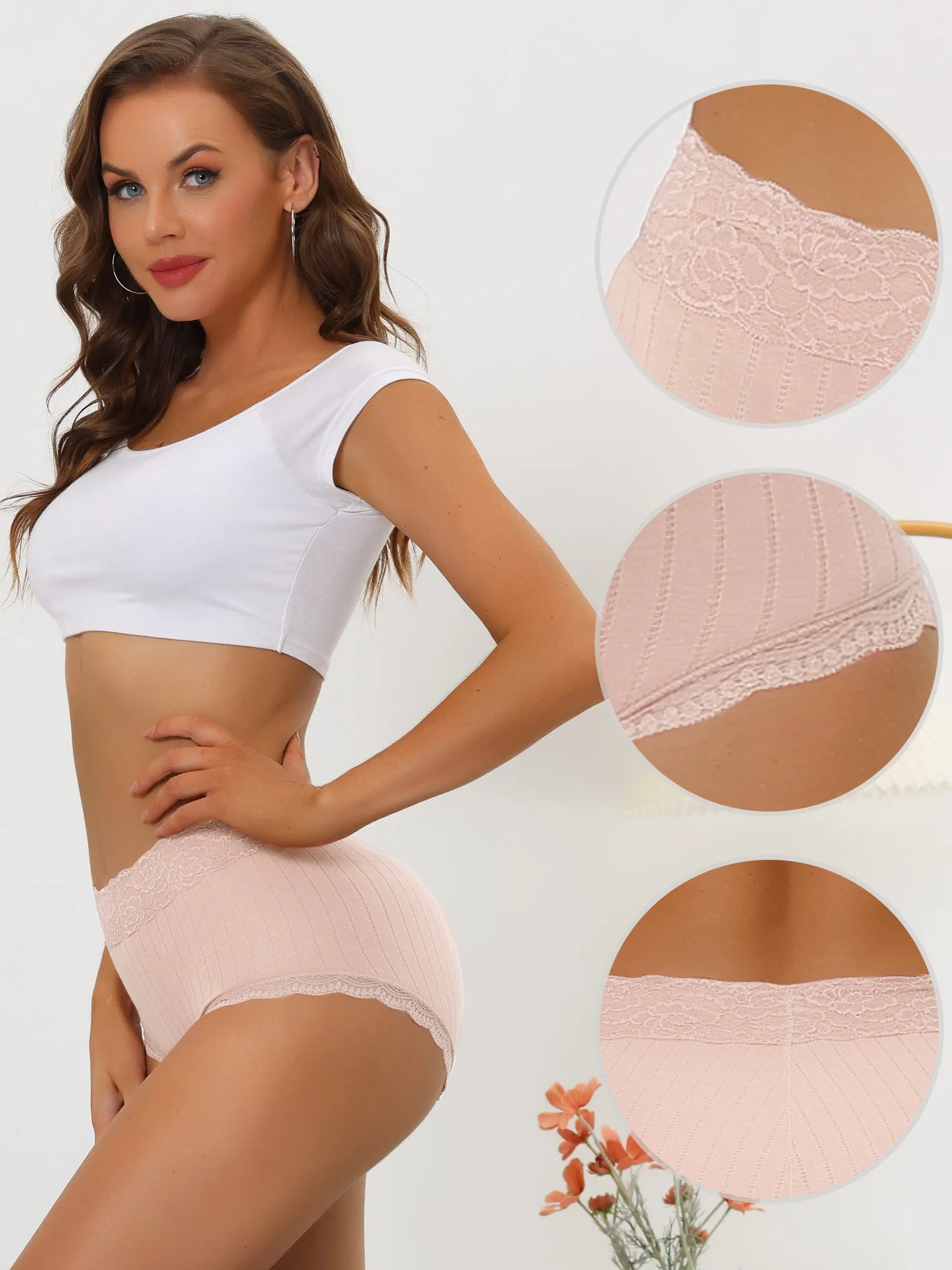 Women's High Waist Underwear Tummy Control Comfortable Lace Trim Ribbed Panties sold by Allegra K product image thumbnail 4