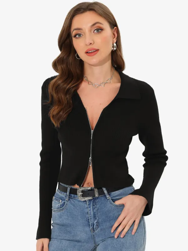 Crop Knit Shrug Zipper Up Bell Long Sleeve Collared Sweater Top sold by Allegra K