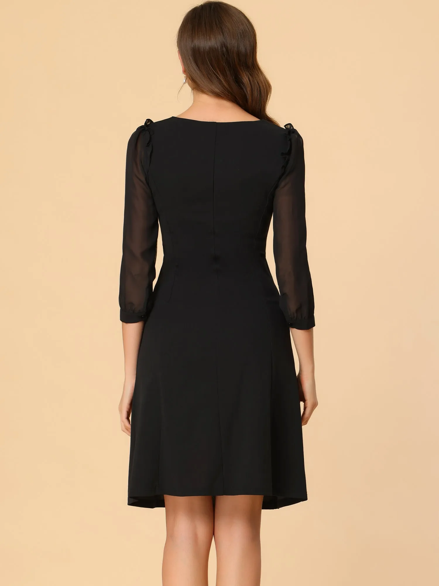 Square Neck Ruffle Trim Sheer 3/4 Sleeve Chiffon Mini Dress sold by Allegra K product image thumbnail 3