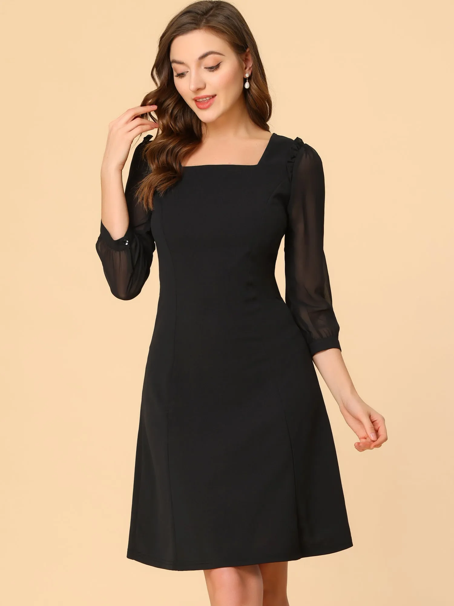 Square Neck Ruffle Trim Sheer 3/4 Sleeve Chiffon Mini Dress sold by Allegra K