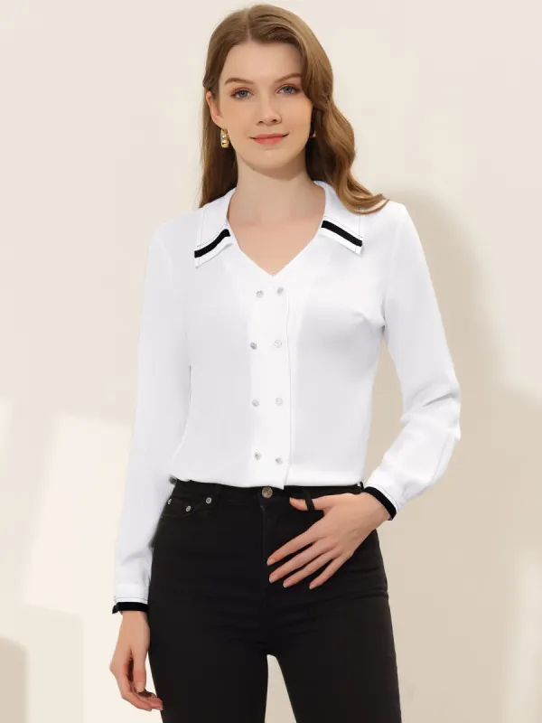 Button Down V Neck Chiffon Long Sleeve Collared Work Blouse sold by Allegra K