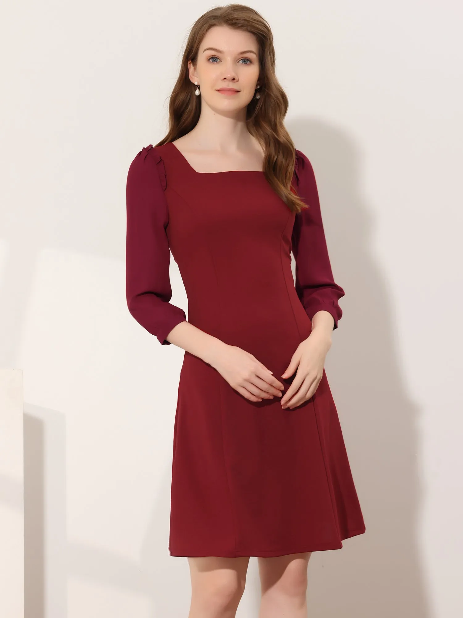 Square Neck Ruffle Trim Sheer 3/4 Sleeve Chiffon Mini Dress sold by Allegra K product image thumbnail 5