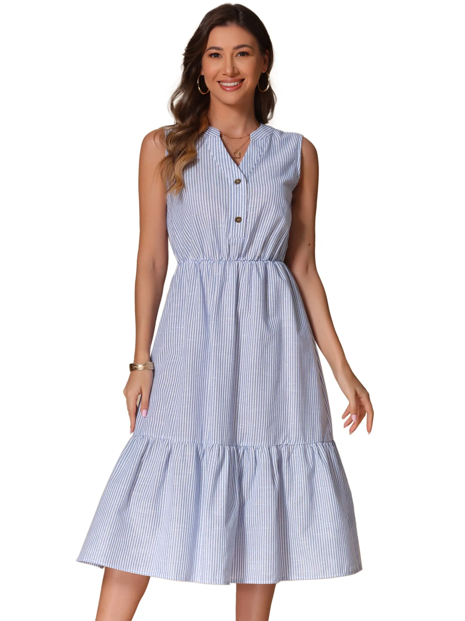 Striped Sleeveless Ruffle Midi A-Line Shirt Dress sold by Allegra K product image thumbnail 5