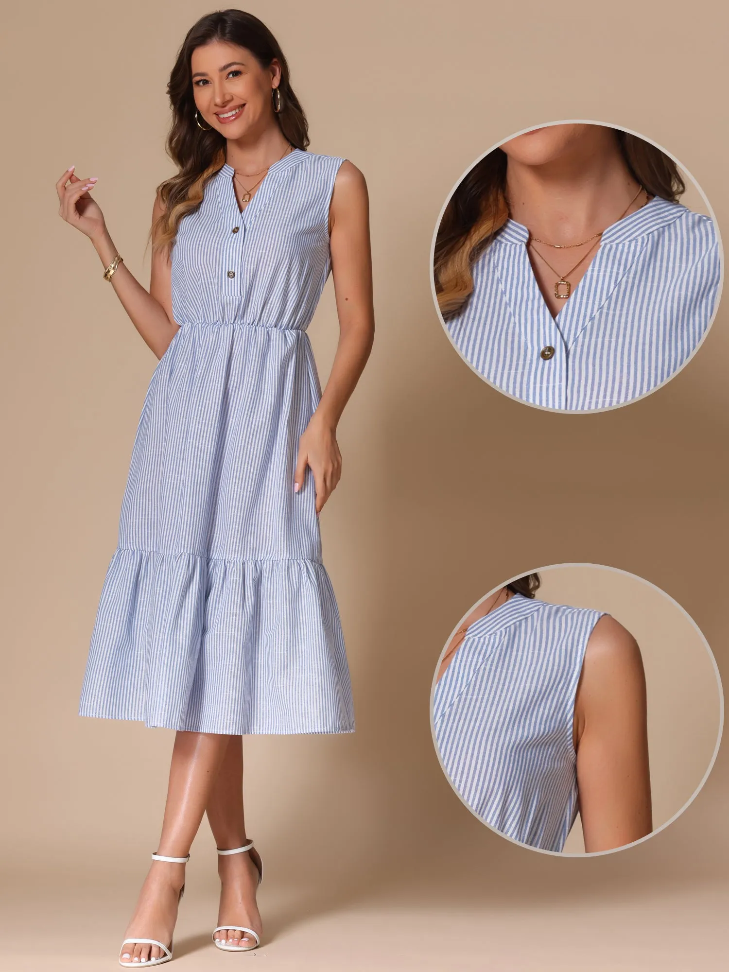 Striped Sleeveless Ruffle Midi A-Line Shirt Dress sold by Allegra K product image thumbnail 3