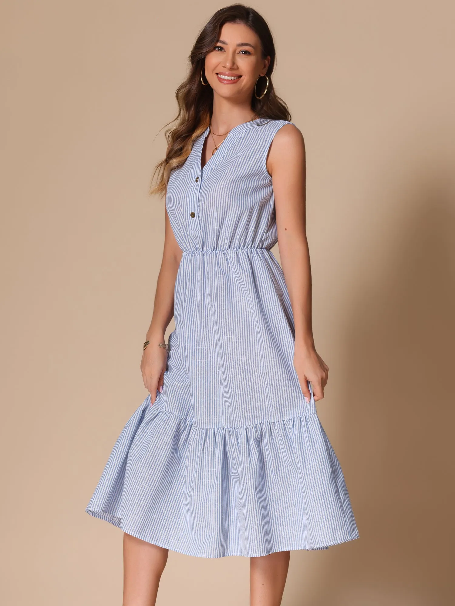 Striped Sleeveless Ruffle Midi A-Line Shirt Dress sold by Allegra K