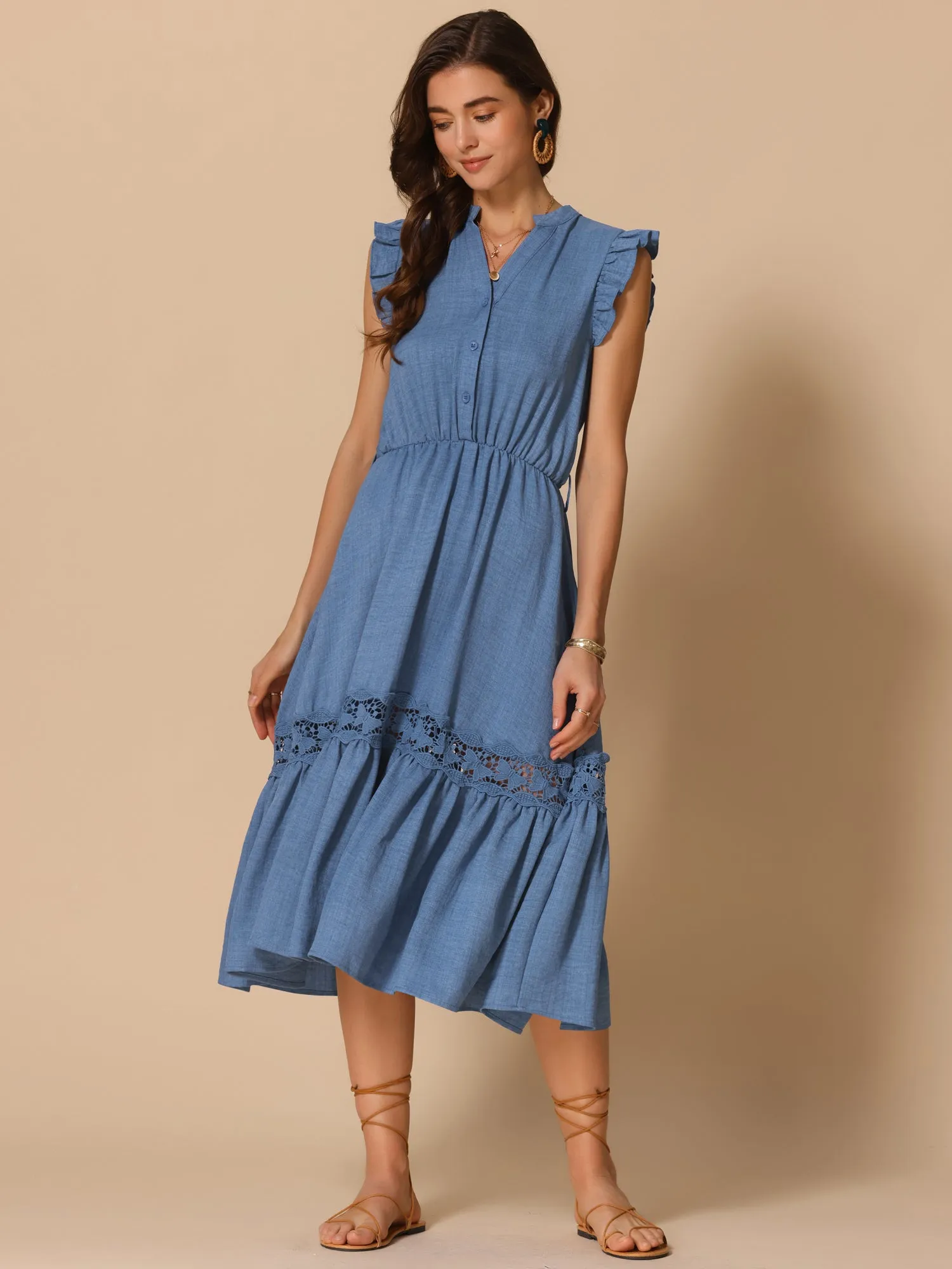 Ruffled Belted A-Line Flowy Midi Dress Sundress sold by Allegra K