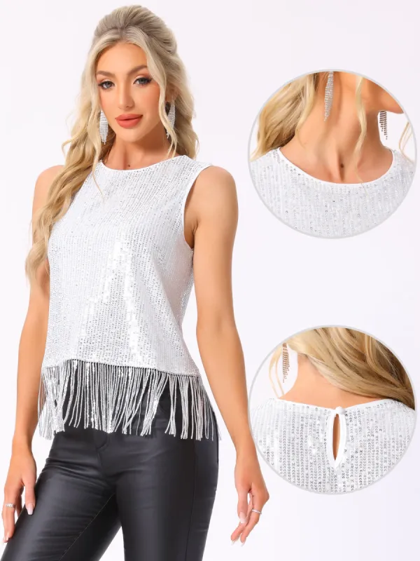 Sequin Fringe Trim Sleeveless Round Neck Blouse sold by Allegra K