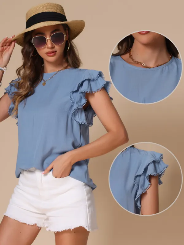 Ruffle Short Sleeve Round Neck Solid Casual Blouse sold by Allegra K