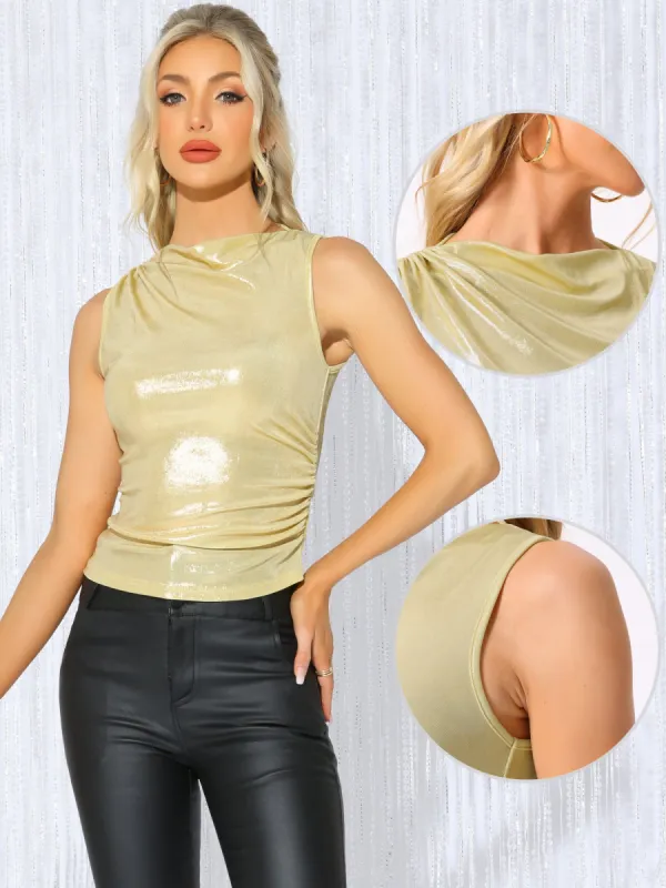 Metallic Sleeveless Slim Fit Ruched Club Party Top sold by Allegra K