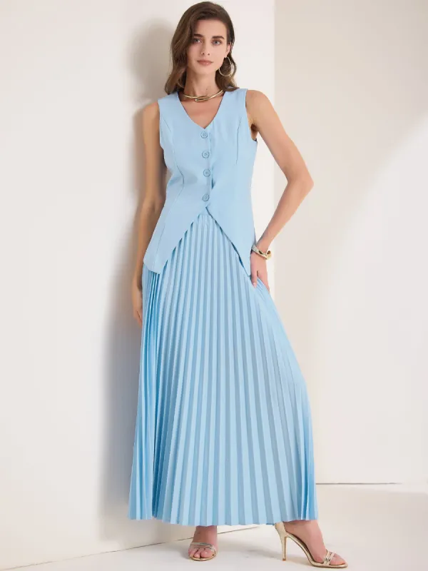 2 Pieces V Neck Sleeveless Button Vest & Maxi Pleated Skirts Set sold by Allegra K