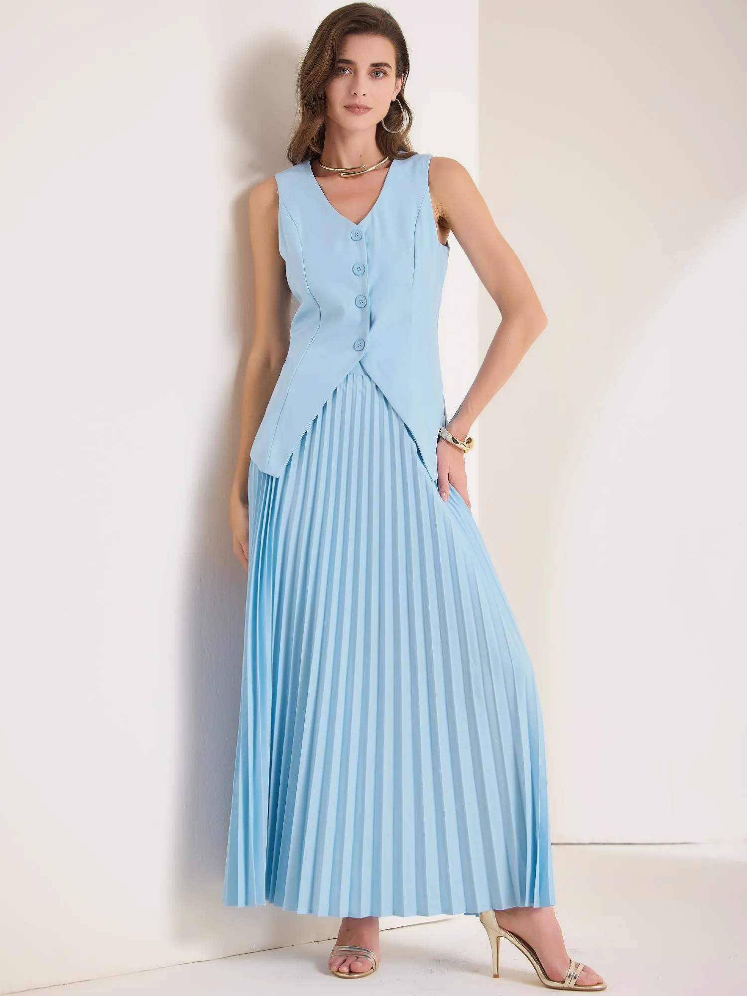 2 Pieces V Neck Sleeveless Button Vest & Maxi Pleated Skirts Set sold by Allegra K