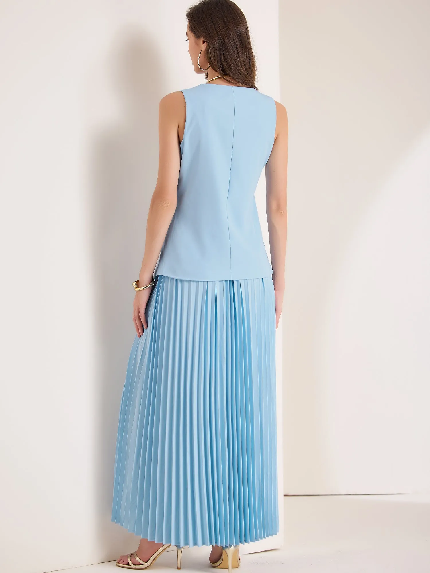 2 Pieces V Neck Sleeveless Button Vest & Maxi Pleated Skirts Set sold by Allegra K product image thumbnail 3