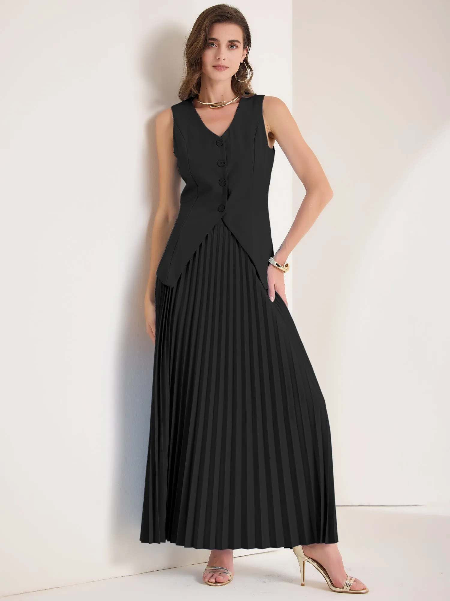2 Pieces V Neck Sleeveless Button Vest & Maxi Pleated Skirts Set sold by Allegra K product image thumbnail 5