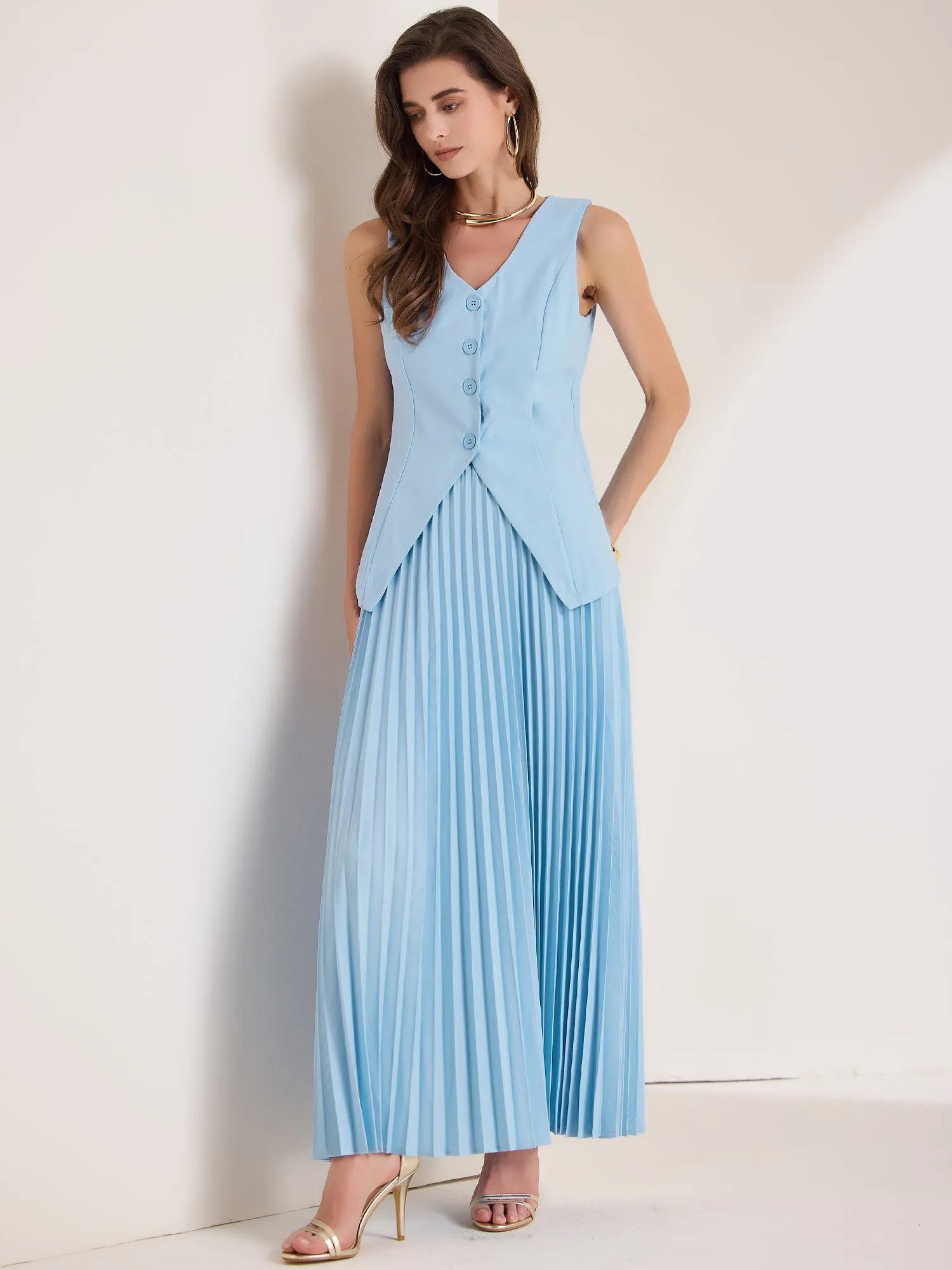 2 Pieces V Neck Sleeveless Button Vest & Maxi Pleated Skirts Set sold by Allegra K product image thumbnail 2