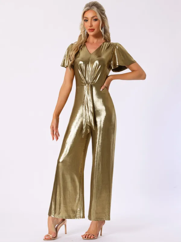 V Neck Short Sleeve Tie Front Metallic Jumpsuits sold by Allegra K