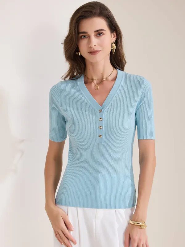Ribbed Knit V Neck Button Henley Short Sleeve Blouse sold by Allegra K