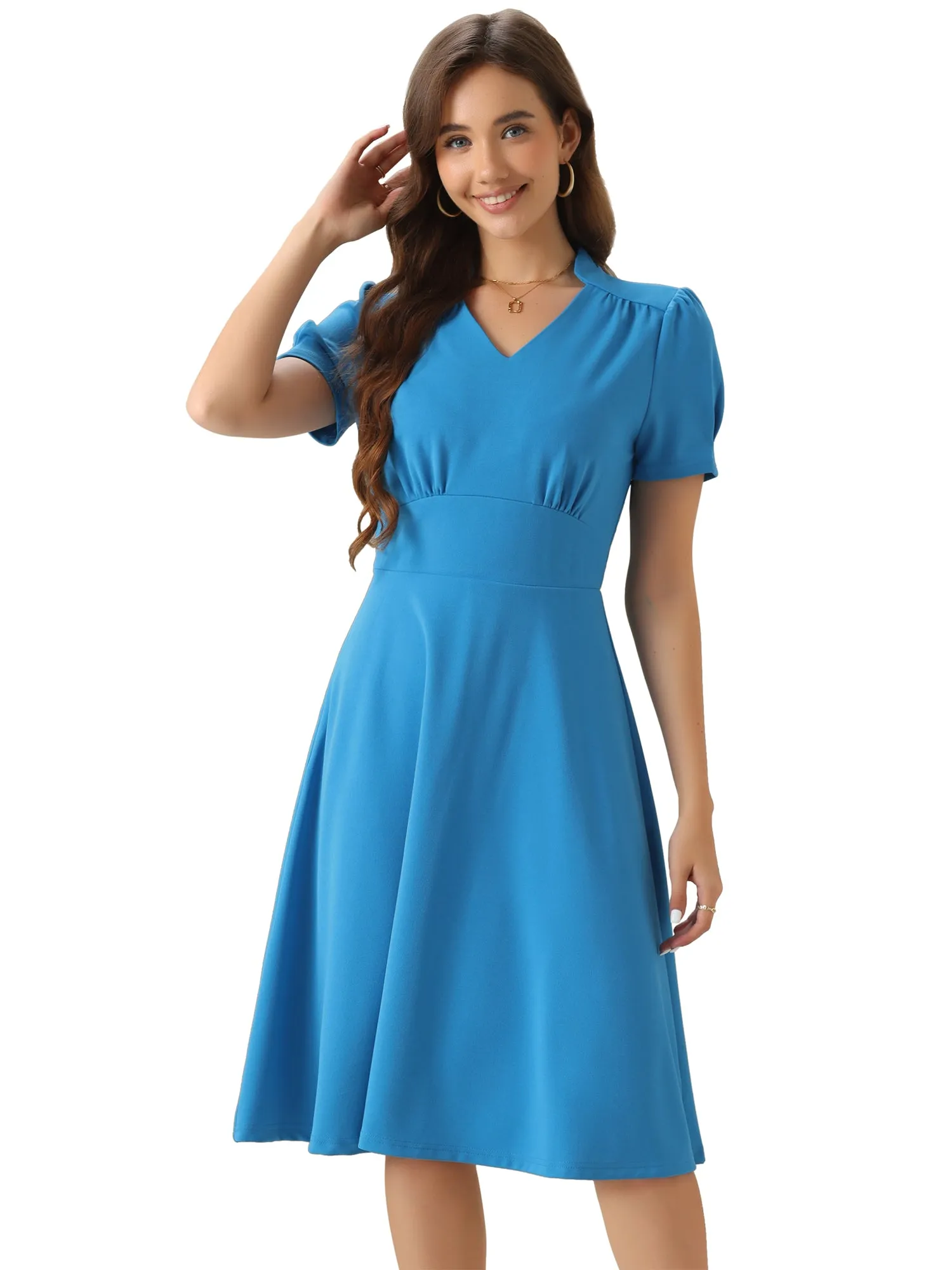 Puff Short Sleeve V Neck A-Line Midi Dress sold by Allegra K product image thumbnail 4