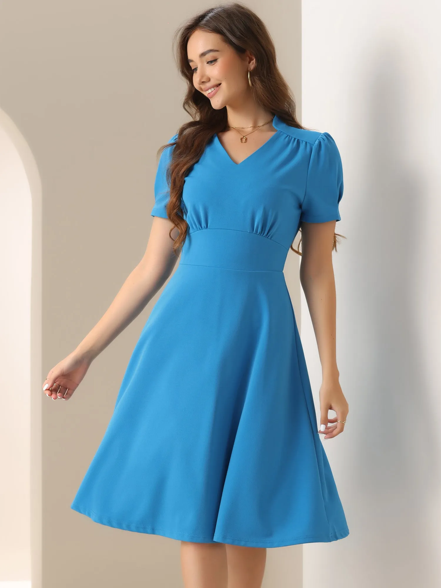 Puff Short Sleeve V Neck A-Line Midi Dress sold by Allegra K