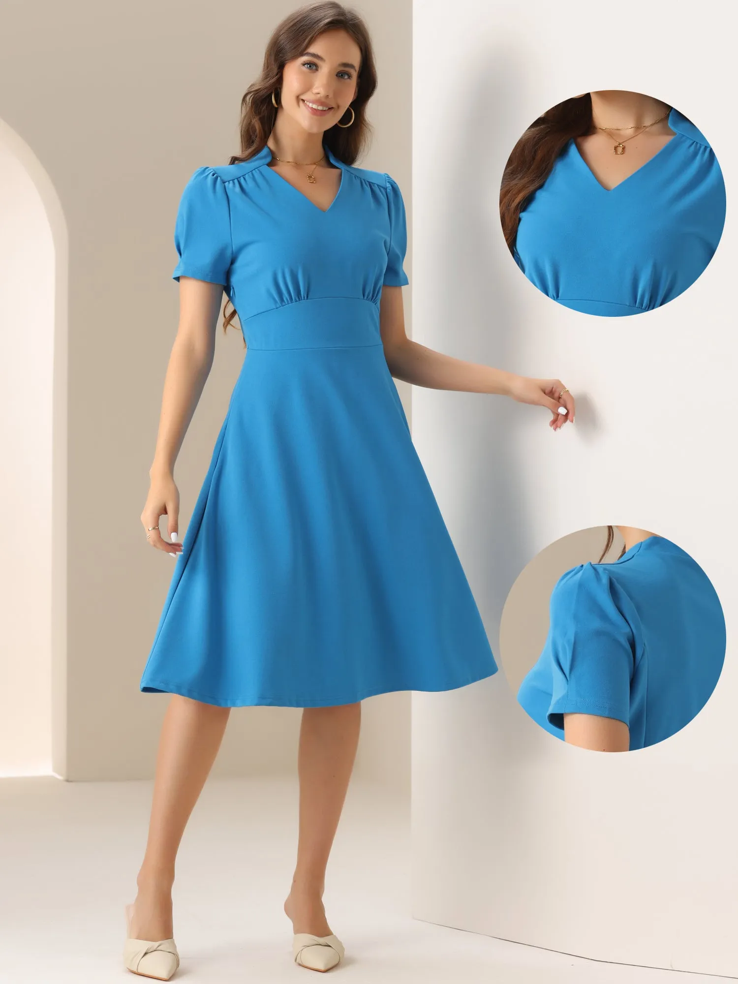 Puff Short Sleeve V Neck A-Line Midi Dress sold by Allegra K product image thumbnail 2