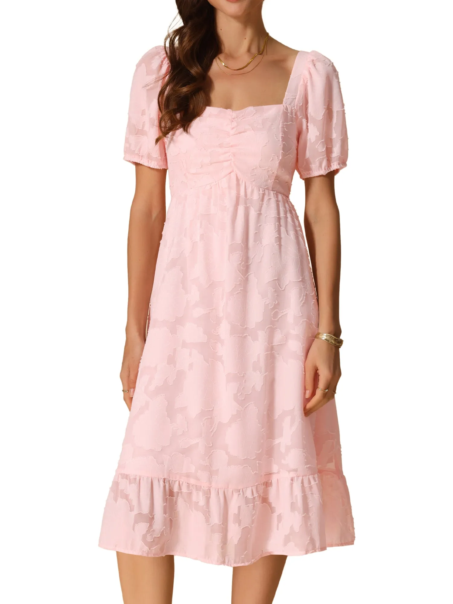 Square Neck Short Puff Sleeve Textured A-Line Midi Dress sold by Allegra K product image thumbnail 5