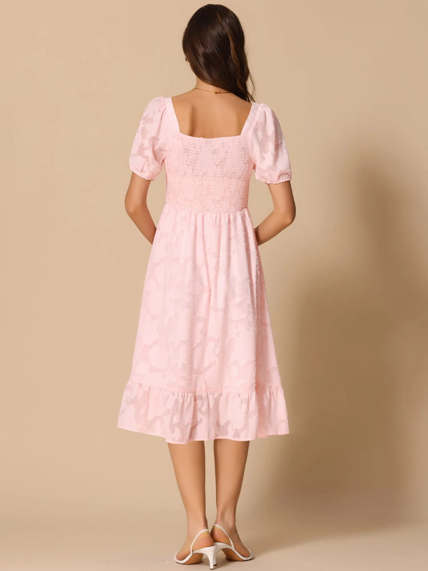 Square Neck Short Puff Sleeve Textured A-Line Midi Dress sold by Allegra K product image thumbnail 2