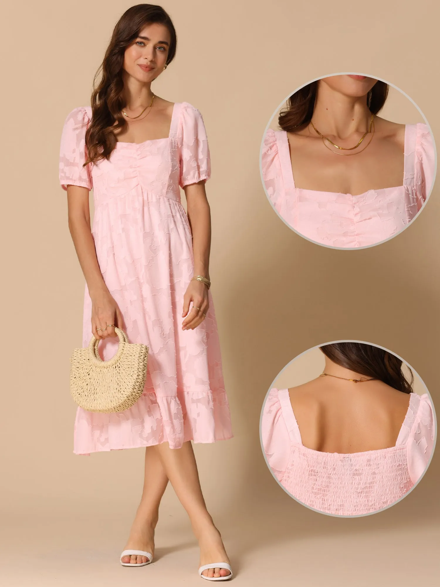 Square Neck Short Puff Sleeve Textured A-Line Midi Dress sold by Allegra K