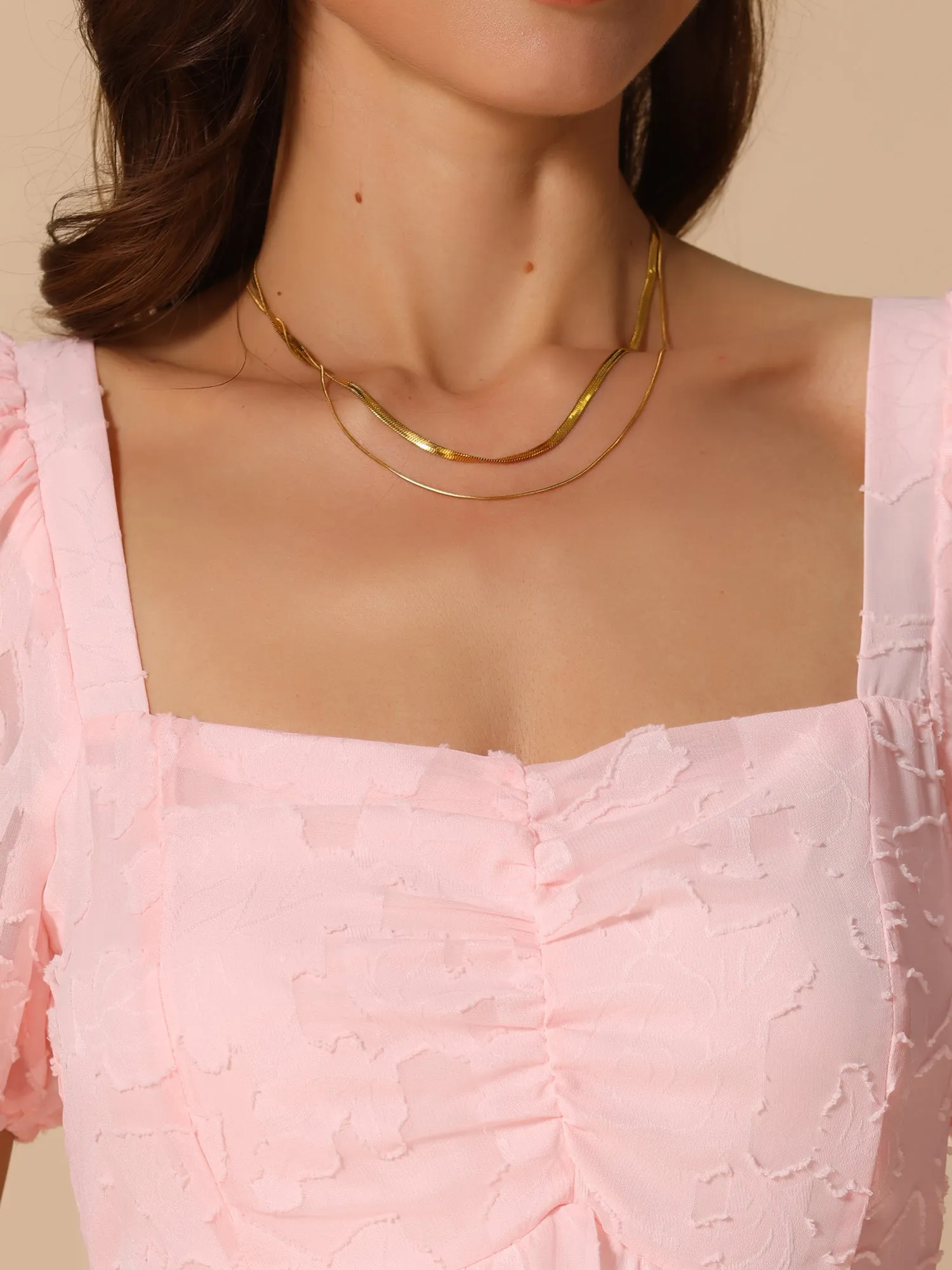 Square Neck Short Puff Sleeve Textured A-Line Midi Dress sold by Allegra K product image thumbnail 4