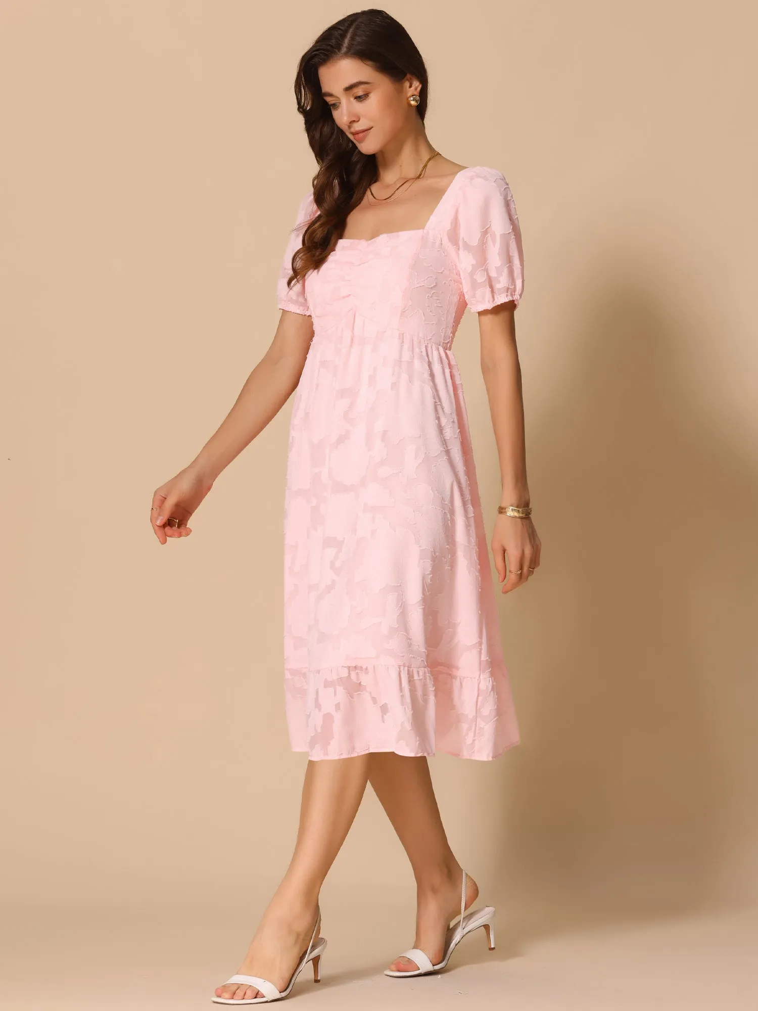 Square Neck Short Puff Sleeve Textured A-Line Midi Dress sold by Allegra K product image thumbnail 3