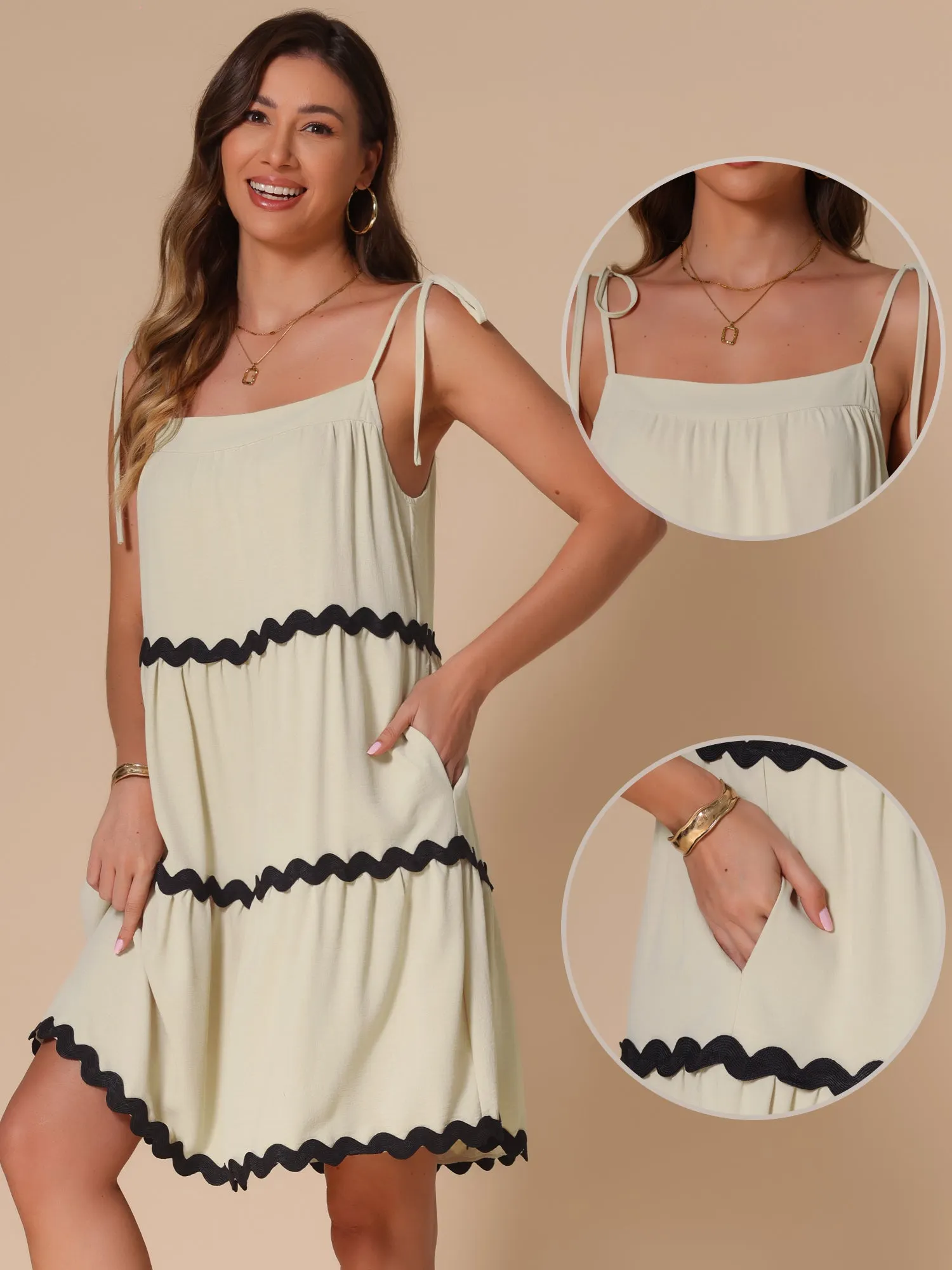 Spaghetti Strap Pocketed Contrast Trim Tiered A-Line Dress sold by Allegra K product image thumbnail 2