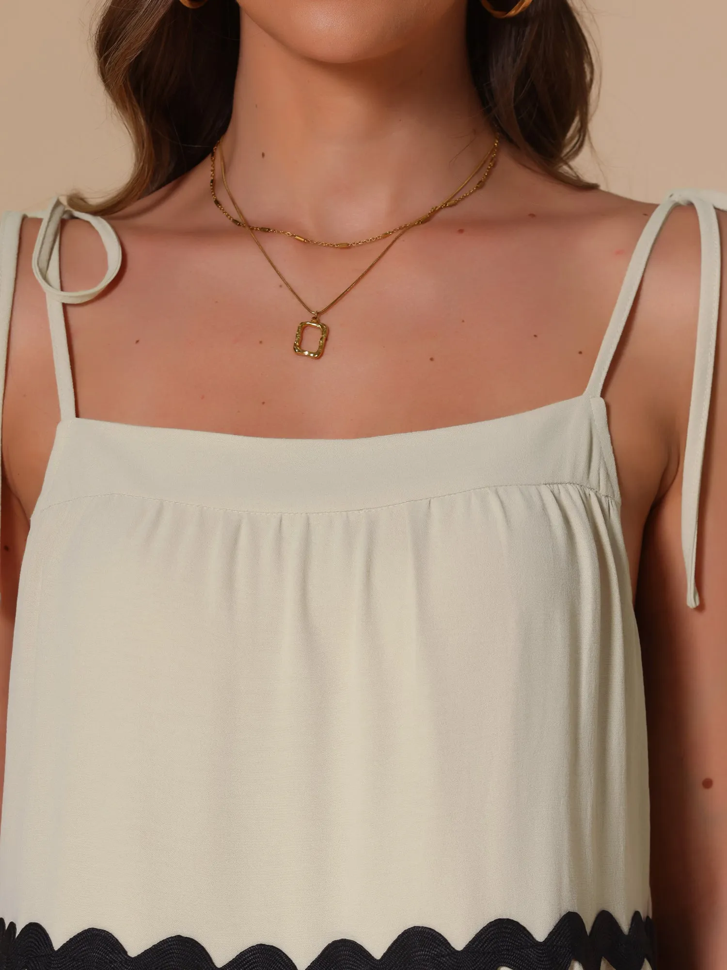 Spaghetti Strap Pocketed Contrast Trim Tiered A-Line Dress sold by Allegra K product image thumbnail 4