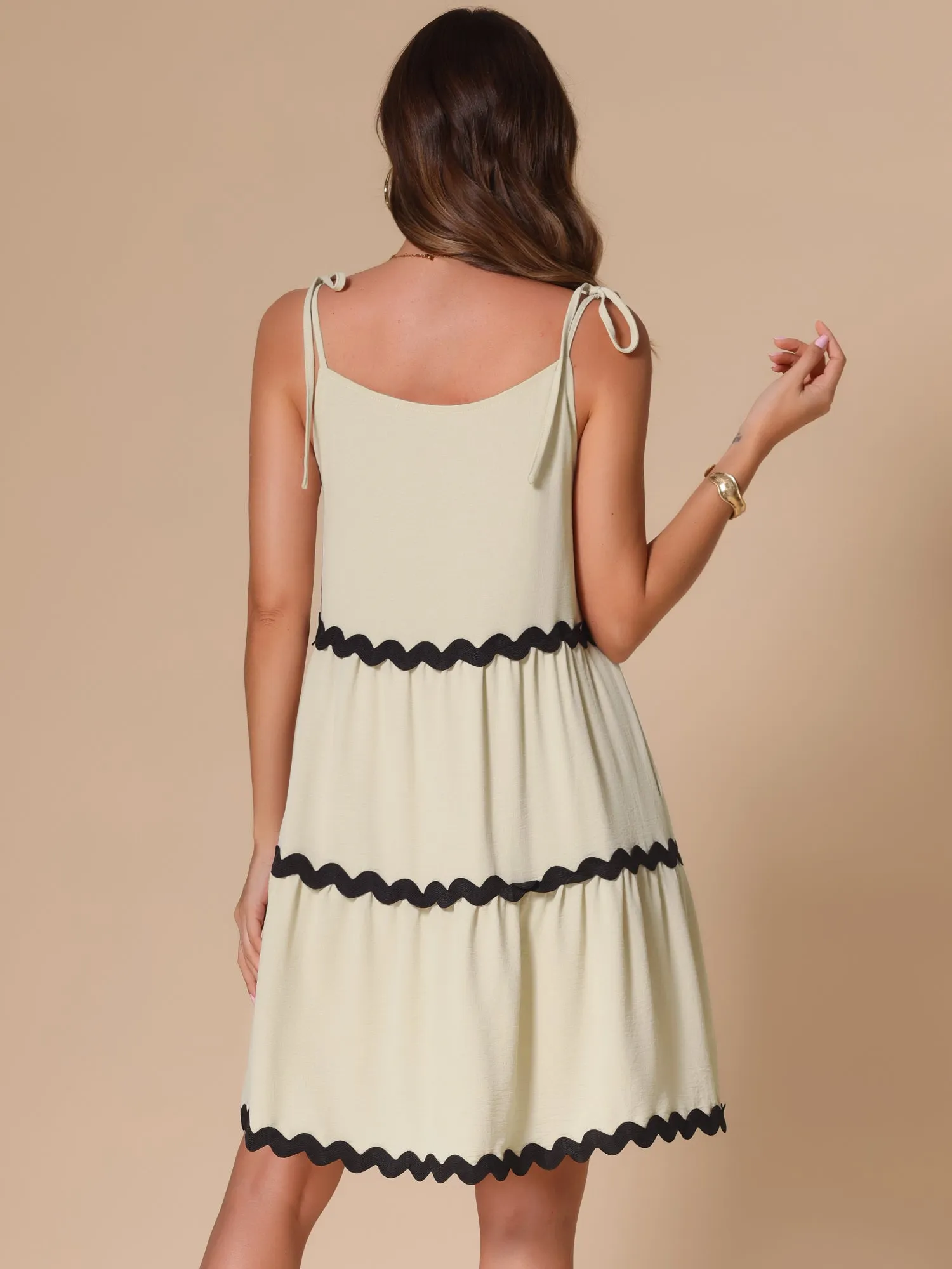 Spaghetti Strap Pocketed Contrast Trim Tiered A-Line Dress sold by Allegra K product image thumbnail 3