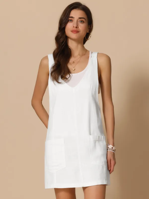 Sleeveless Denim Adjustable Strap Pocketed Overall Jean Dress sold by Allegra K