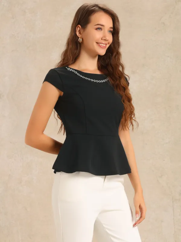Round Neck Cap Sleeve Rhinestone Decor Peplum Blouse sold by Allegra K