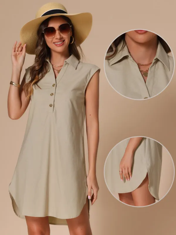 Linen Collared Cap Sleeves Button Casual Shirt Dress sold by Allegra K