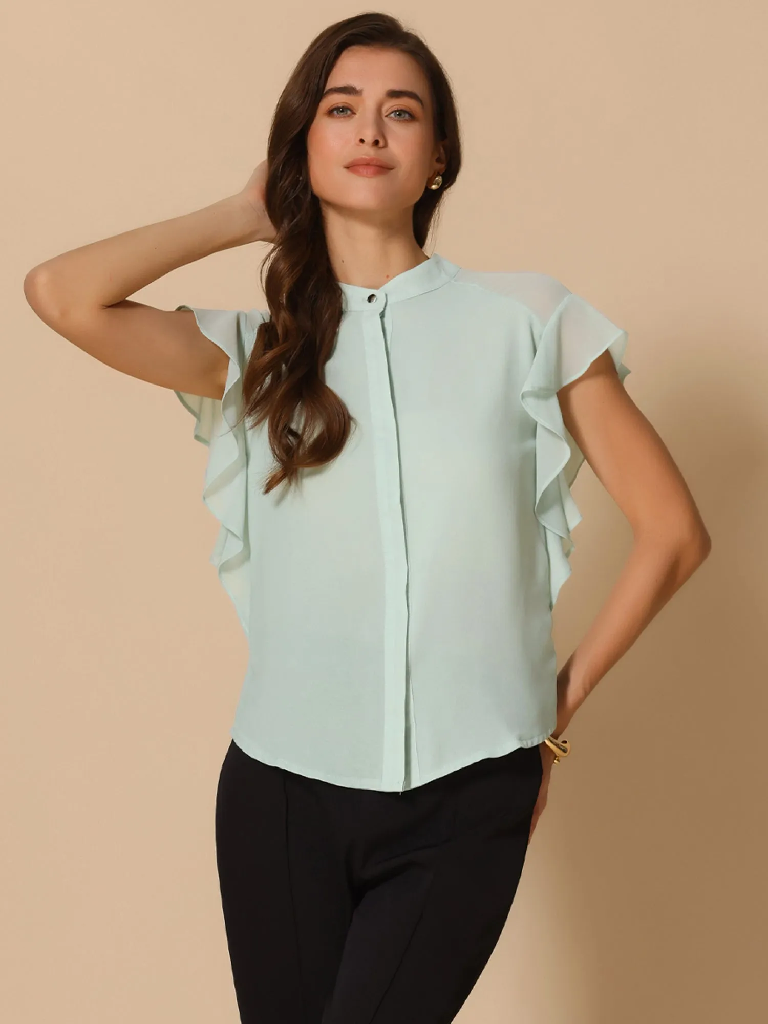 Solid Stand Collar Ruffle Sleeve Casual Blouse sold by Allegra K