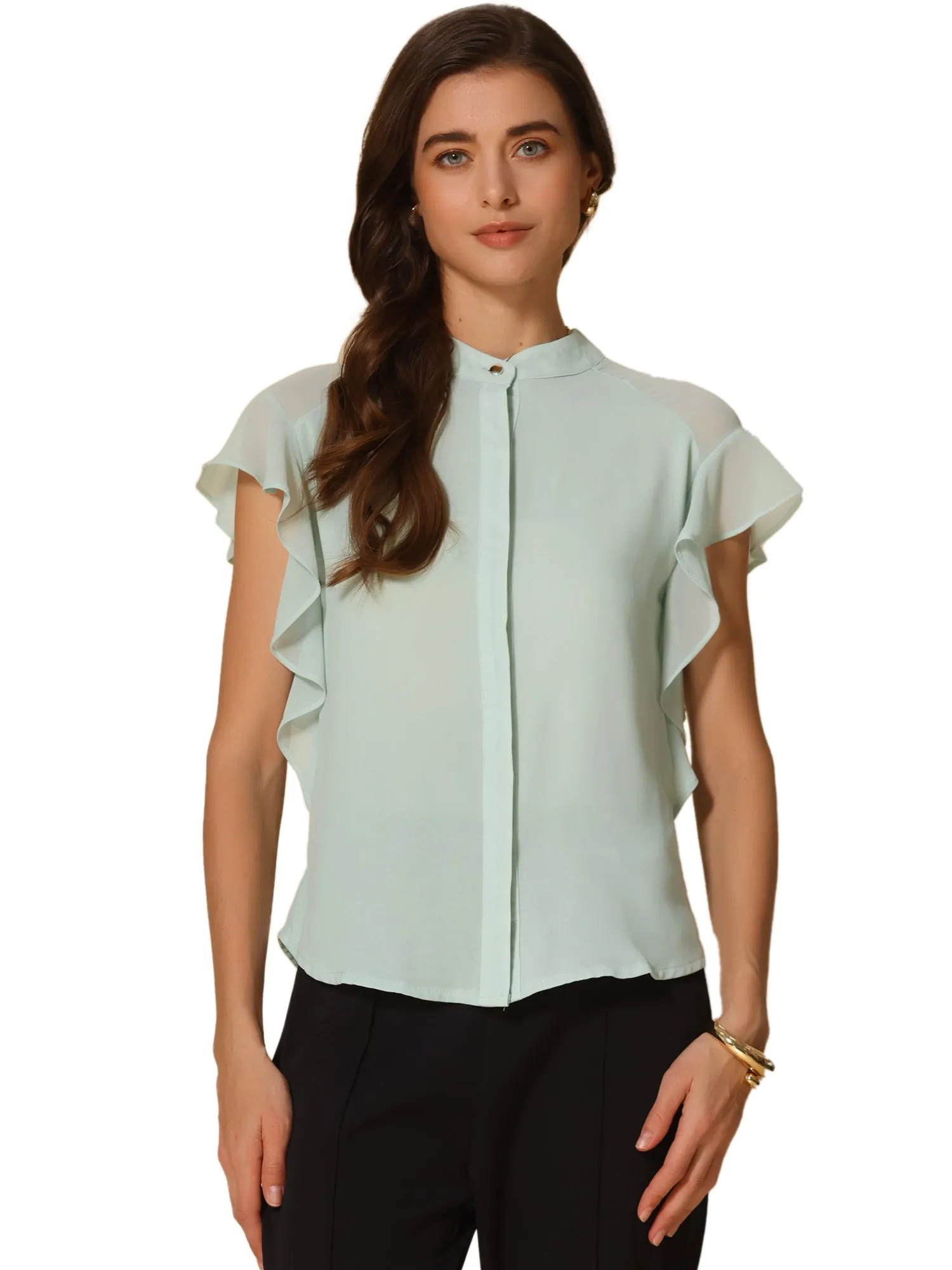 Solid Stand Collar Ruffle Sleeve Casual Blouse sold by Allegra K product image thumbnail 5