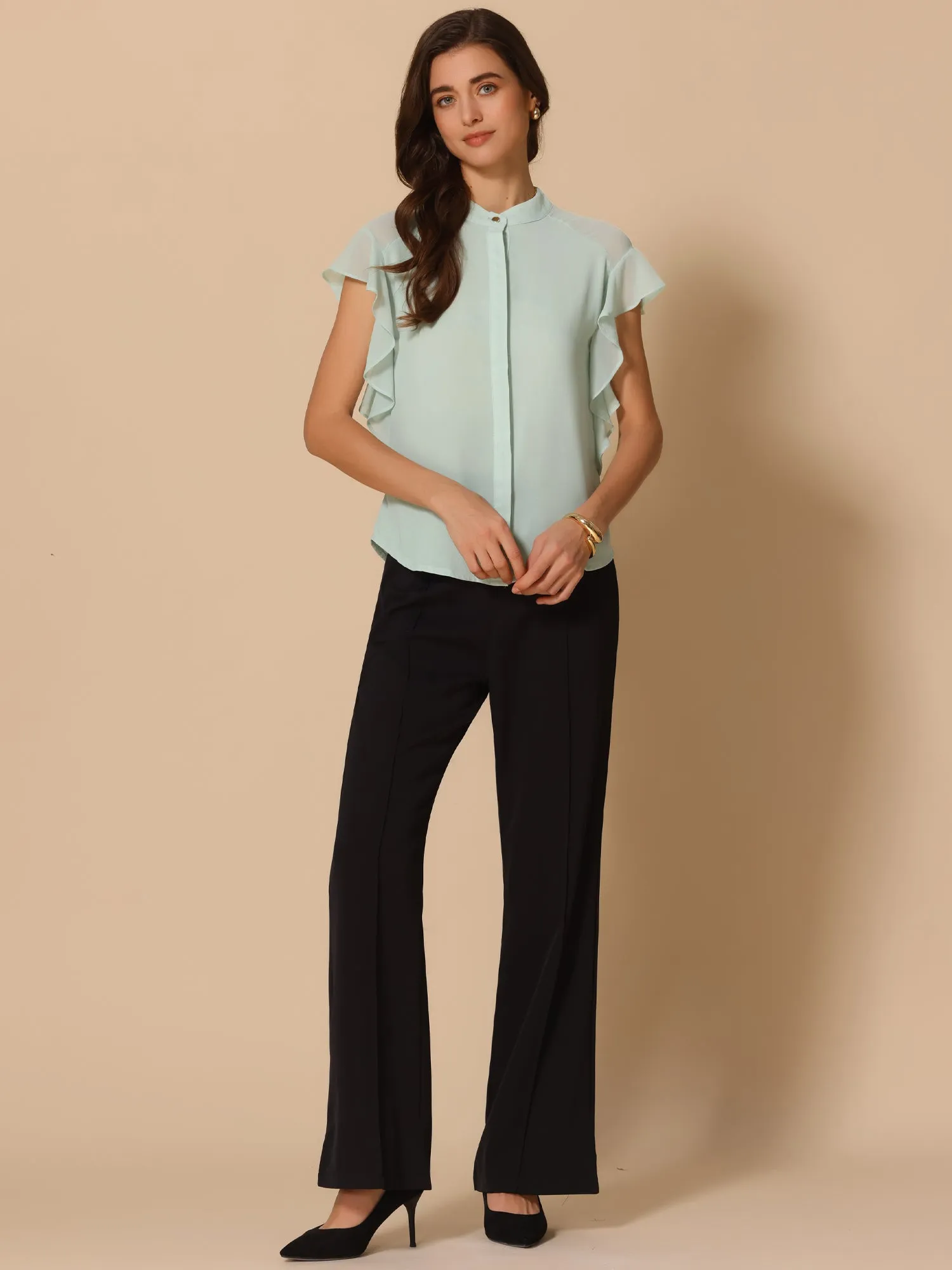 Solid Stand Collar Ruffle Sleeve Casual Blouse sold by Allegra K product image thumbnail 2