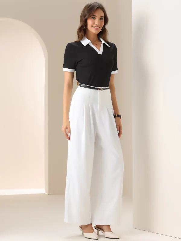 Patchwork Colorblock Collared Short Sleeves Knitted Blouse sold by Allegra K