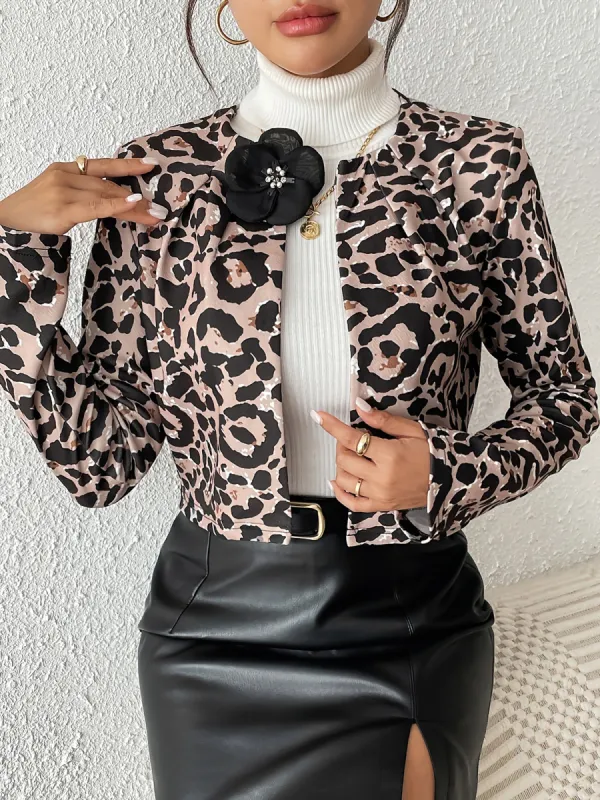 Leopard Crew Neck Long Sleeve Cropped Jacket sold by Allegra K