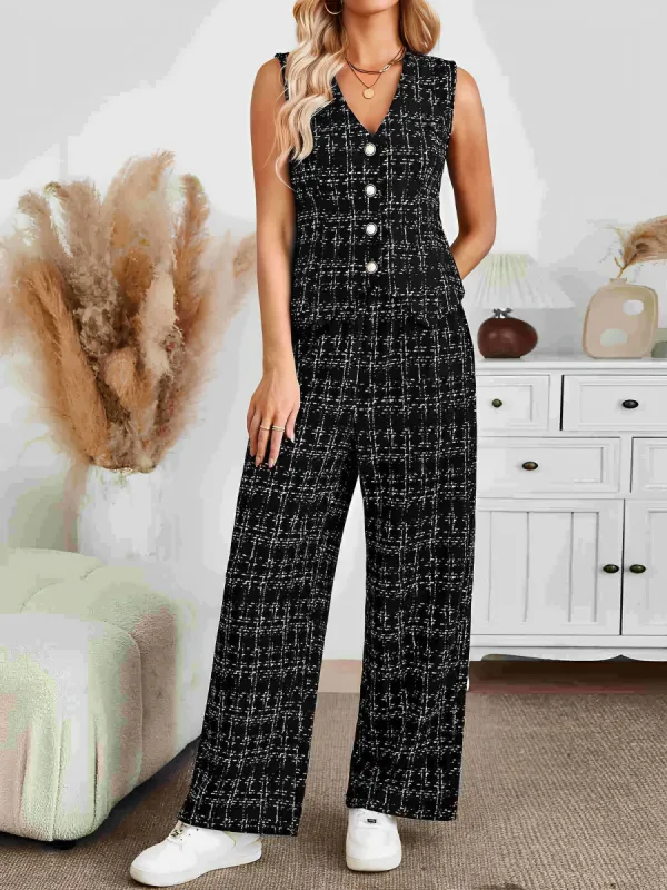 2 Pieces Tweed Plaid Sleeveless Vest & Wide Leg Pants Set sold by Allegra K